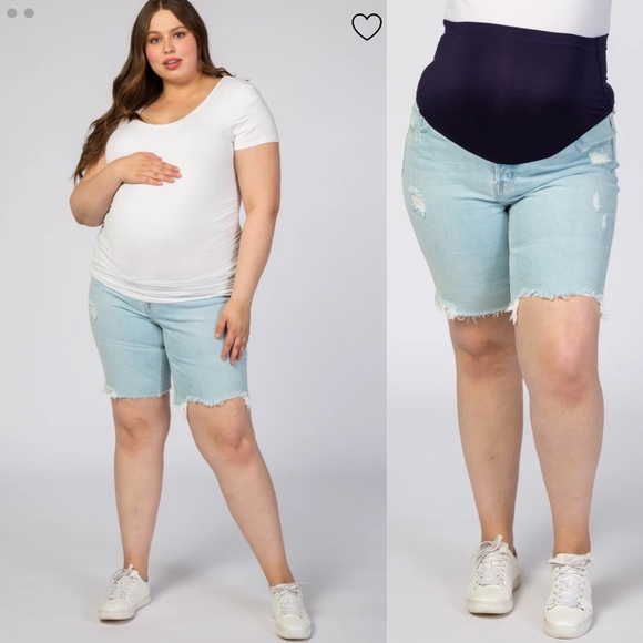 PinkBlush Denim Plus Size Distressed Light Wash Maternity Bermuda Shorts - Picture 9 of 9